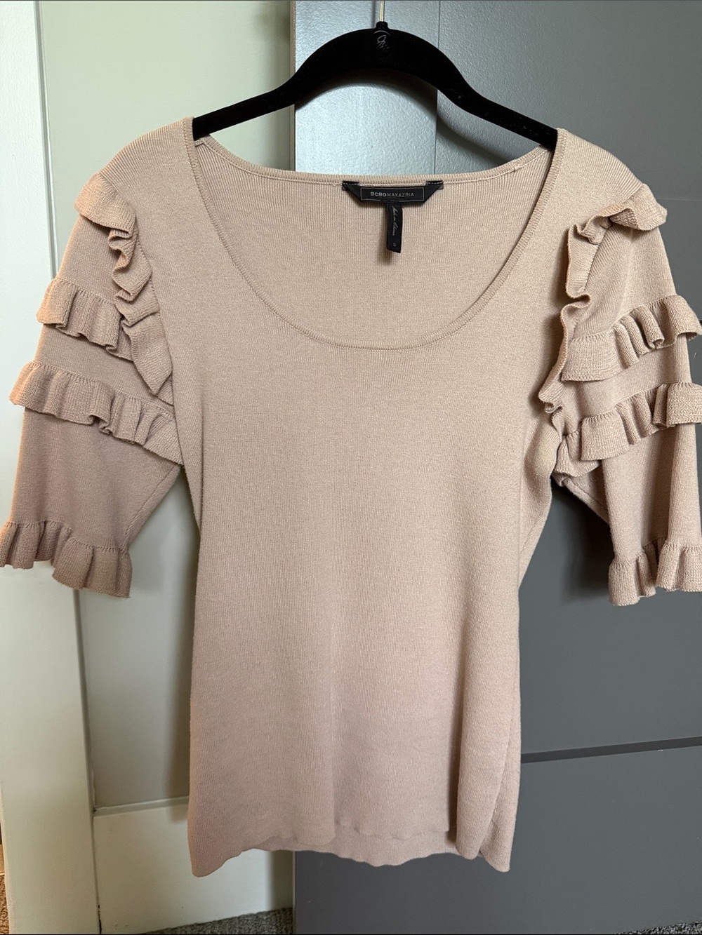 BCBGMaxAzria Blush Ruffle Sleeve Scoop Neck Sweater Top